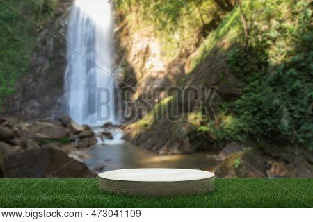 Concrete Tabletop Podium Floor In Outdoors Waterfall Green Tropical Forest Nature Background.natural