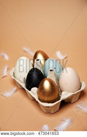 Easter Is Coming, A Tray With Painted Eggs, On A Nude Background. Celebrations And Traditions. Blue,