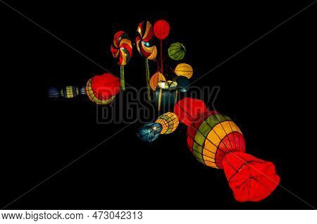 Unusual Lantern Festival Chinese Culture Whimsical Shapes Flowers Landscape Black Background