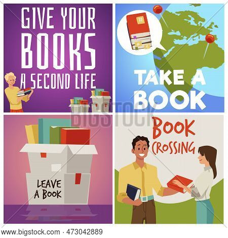 Bookcrossing Banners For Sharing Used Paper Books, Flat Vector Illustration.