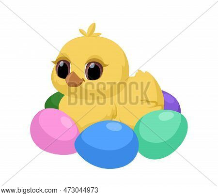 Cute Easter Chick Sits In Easter Eggs. Vector Illustration For Easter Cards, Banners And Other Desig