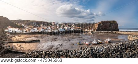 Staithes, North Yorkshire, Uk - March 11, 2023.  An Aerial Landscape View Of The Quaint Yorkshire Fi