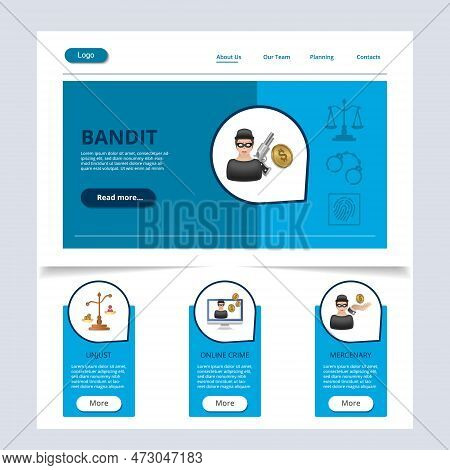 Bandit Flat Landing Page Website Template. Unjust, Online Crime, Mercenary. Web Banner With Header, 