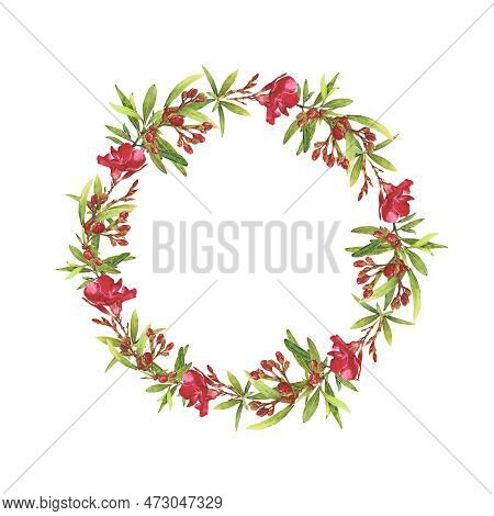 Watercolor Illustration Of Oleander. Set With Flowers And Leaves. Hand-drawn Isolated Clip Art On A 