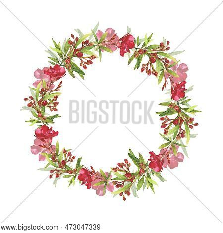 Watercolor Illustration Of Oleander. Set With Flowers And Leaves. Hand-drawn Isolated Clip Art On A 