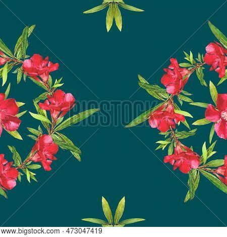 Watercolor Illustration Of Oleander. Set With Flowers And Leaves. Hand-drawn Isolated Clip Art On A 