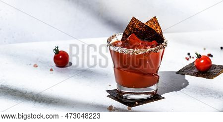 Miso Mary Alcoholic Cocktail Drink With Tomato Juice, Spices, Vodka And Nori, Japanese Version Of Bl
