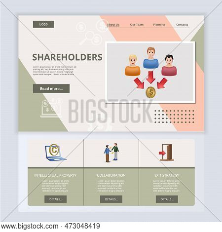 Shareholders Flat Landing Page Website Template. Intellectual Property, Collaboration, Exit Strategy