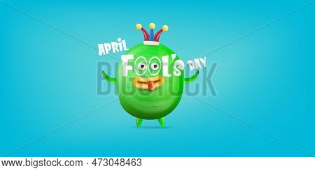 April Fools Day Funky Horizontal Banner With Silly Green Clown Monster Character Isolated On Blue Ba