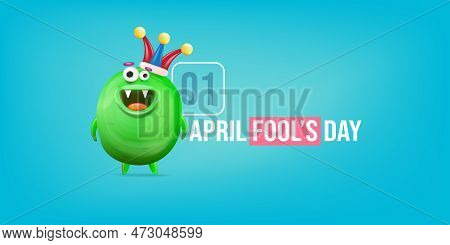 April Fools Day Funky Horizontal Banner With Silly Green Clown Monster Character Isolated On Blue Ba