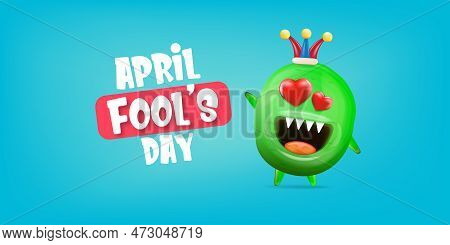 April Fools Day Funky Horizontal Banner With Silly Green Clown Monster Character Isolated On Blue Ba