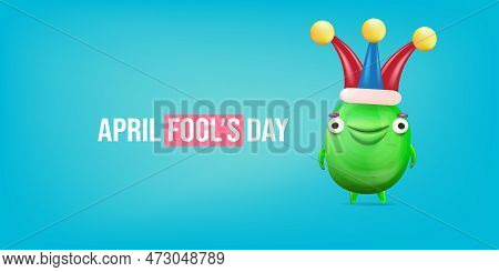 April Fools Day Funky Horizontal Banner With Silly Green Clown Monster Character Isolated On Blue Ba
