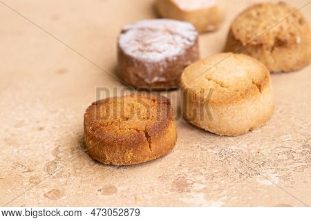 Variety Of Spanish Shortbreads Mantecados, Polvorones, Nevaditos. Typical Sweets Consumed At Christm
