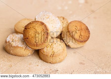 Variety Of Spanish Shortbreads Mantecados, Polvorones, Nevaditos. Typical Sweets Consumed At Christm