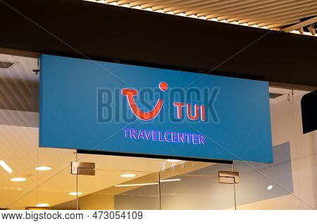 Sibiu, Romania - May, 2 2022: Tui Travel Center Sign Ang Logo On Their Travel Operator Office In Pro