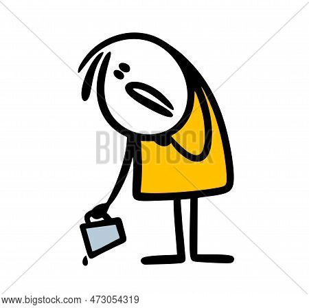 Doodle Man Holds An Empty Coffee Cup In His Hand And Is Sad.