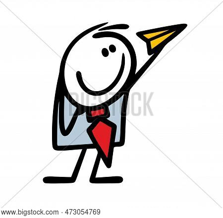 Cartoon Optimistic Businessman Launches His New Business Project Into The Sky With A Paper Airplane.
