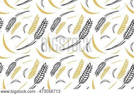 Wheat Seamless Pattern Doodle Style. Vector Outline Endless Image. Trendy Wheat Theme Pattern.