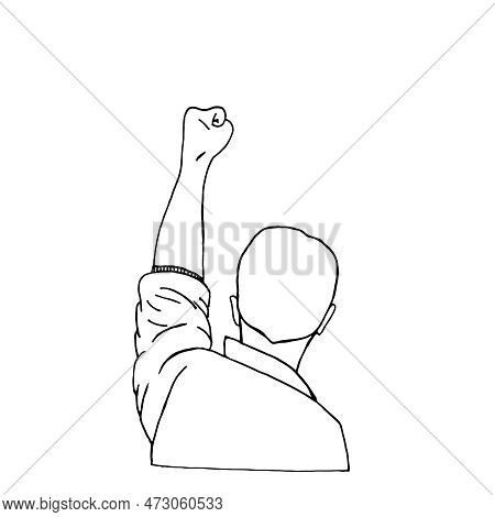 Man With A Raised Fist Expresses His Opinion. Vector Illustration In The Style Of Doodles, Template,