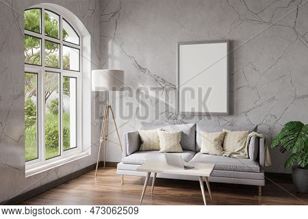 Cozy Living Room Interior In Room Corner; Sunlight Shining Trough Window; Floorlamp And Couch Table 