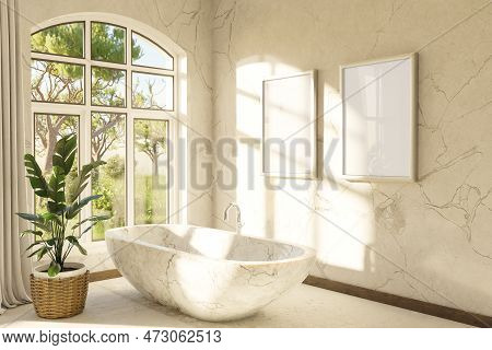 Freestanding Bath In Lightflooded Cozy Country House Bathroom; Minimalistic Interior Design With She