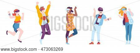 Male And Female Characters Having Fun In Virtual Reality. People With Vr Glasses. Game Simulation. M