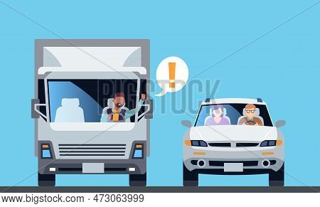 Aggressive Truck Driver Yells At Passing Car For No Reason. Dangerous Situation On Road. Drivers Arg