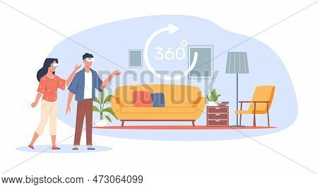 Concept Of Virtual Real Estate Tour, Married Couple Looking At An Apartment To Buy Or Rent. Vr Onlin