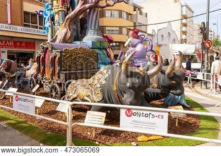 Burriana, Spain 18-03-2023: View Of The Sculpted Monument For Its Exhibition And Its Burning In The 