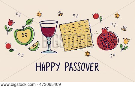 Passover Card For The Jewish Holiday. Template For Your Design With Matzah, Glass Of Wine, Pomegrana