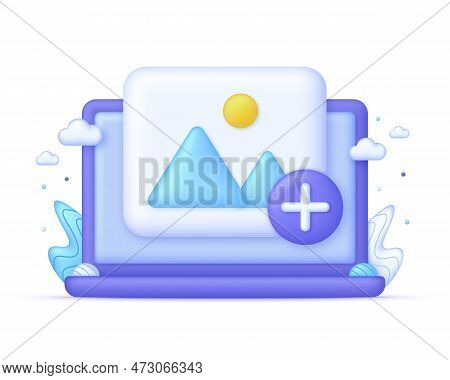 3d Picture With Plus Sign On Computer. Add Or Delete Image In Gallery. Picture, Jpg File, Photo Icon