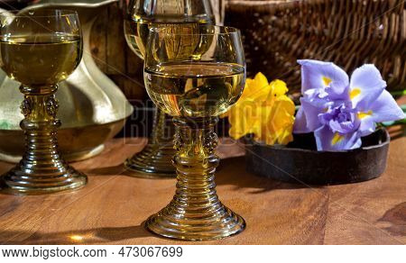 Antique German Glassware, Old Dutch Style Rummer Or Roemer Glasses With White Wine And Flowers