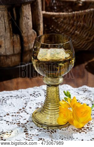 Antique German Glassware, Old Dutch Style Rummer Or Roemer Glasses With White Wine On White Lace Tab