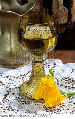 Antique German Glassware, Old Dutch Style Rummer Or Roemer Glasses With White Wine On White Lace Tab