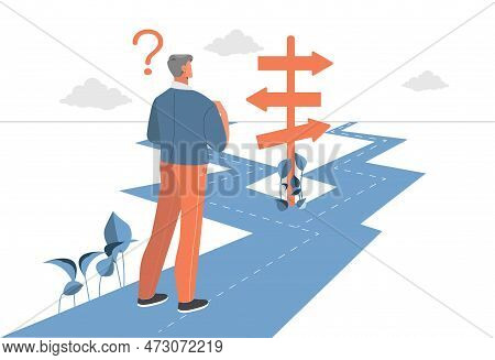 Man Choose Path. Young Guy Makes Decision, Travel And Adventure. Life Path And Career, Uncertainty. 