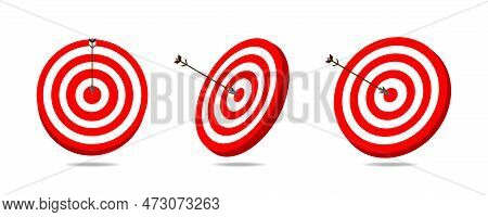 Realistic Red Targets And Arrow Icon From A Bow. The Concept Of Achieving A Goal. Red Target In Real