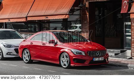 Side, Turkey - February 04 2023:      Red Mercedes-benz Cla-class  Is Parking  On The Street On A  S