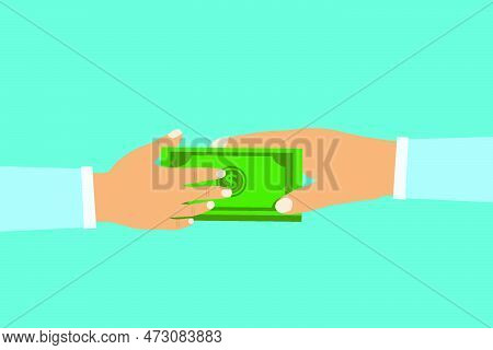 Businessman Giving Money Bundle To Another One Vector. Money Transferring Concept With Human Hands. 