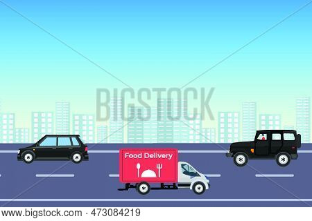 Cars Running On The Highway Of An Urban Area Vector. Tall Buildings And Cityscape Background With Ve