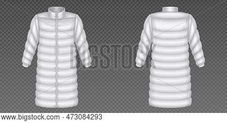Realistic Set Of White Puffer Coat Mockups With Long Sleeve Isolated On Transparent Background. Vect