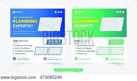 Corporate Plumbing Business Social Media Post Vector With Blue And Green Colors. Handyman And Plumbe