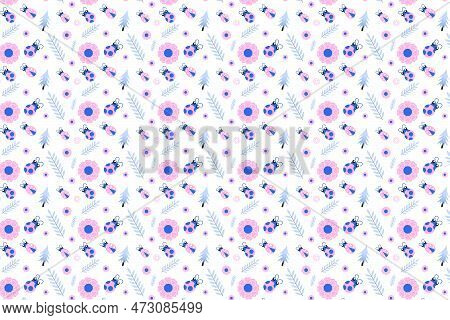 Abstract Insects Patten Decoration With Flower, Ladybug, And Pine Leaves. Seamless Tropical Pattern 