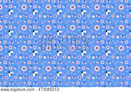 Abstract Insects Pattern Vector On A Blue Background For Book Cover And Gift Cards. Seamless Floral 