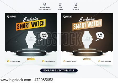 Smartwatch Social Media Promotion Template With Dark Backgrounds. Digital Watch Advertisement Web Ba