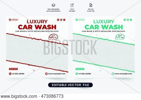 Luxury Car Wash Business Template Design With Red And Aqua Colors. Vehicle Cleaning Service Social M