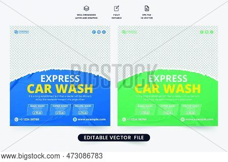 Car Washing Template Social Media Post Vector With Green And Blue Colors. Automobile Maintenance Ser