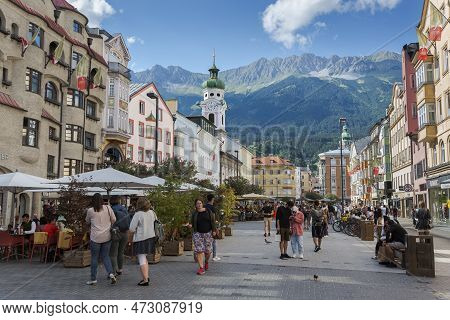 Innsbruck, Austria - July 30, 2022: Old Town Square, Maria-theresien-strasse, Of Innsbruck, With The