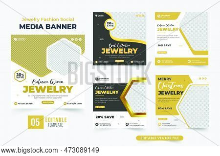 Jewelry Business Marketing Template Bundle With Abstract Shapes. Modern Fashion Ornament Store Disco