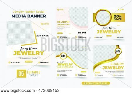 Luxury Jewelry Business Advertisement Template Set With Abstract Shapes. Ornament Sale Social Media 