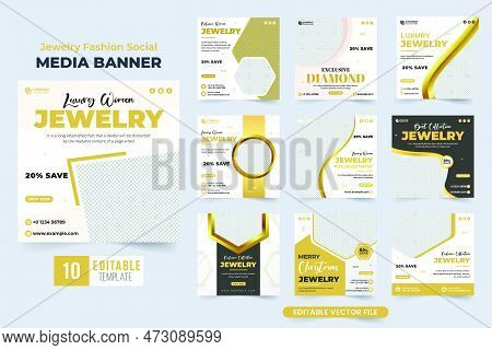 Jewelry Shop Social Media Post Collection With Golden And Dark Colors. Ornament Store Advertisement 